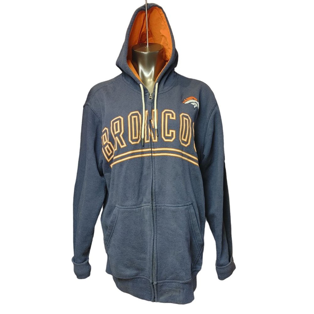 NFL Licenced Denver Broncos Men's Navy Blue Zip Up Hooded Sweater Large